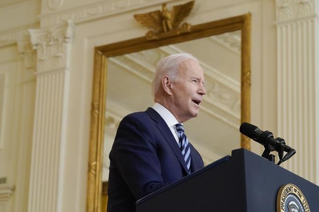 President Joe Biden speaks about the Russian invasion of Ukraine in the East Room of the White House, Thursday, Feb. 24, 2022, in Washington. (AP Photo/Alex Brandon)