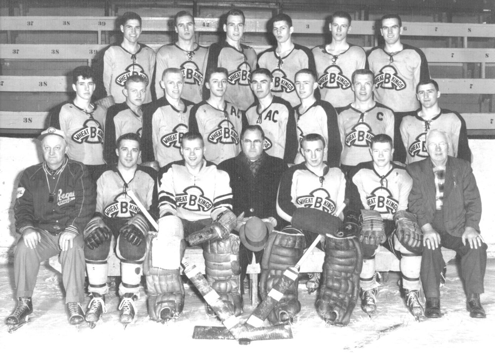 Submitted
The 1959-60 Brandon Wheat Kings are shown in their team picture.
Third row, left to right:
Wayne Fawcett, Bob Wilson, Dunc McCallum, Bryan Hextall, Ted Taylor, Terry Bicknell.
Second row, left to right:
Gus Vachon, Keith Dickie, Tom Ross, Ron Baryluk, Jack Matheson, Gord Rice, Edgar Ehrenverth, Wayne Gurba.
Front row, left to right:
GM/head coach Jake Milford, George Peary, Don Holmes, president Bud McDiarmid, Zenny Moroz, George Hill, trainer Pop Summers.