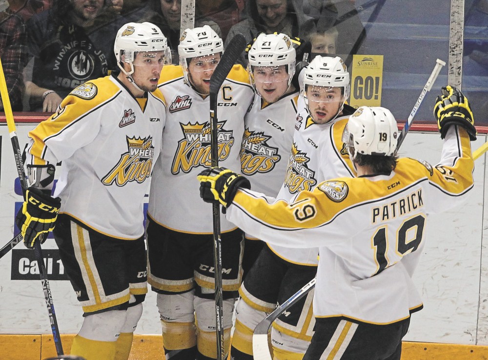Brandon Sun file photo
Brandon Wheat Kings, from left to right, Ivan Provorov, Macoy Erkamps, Tyler Coulter, Jayce Hawryluk and Nolan Patrick celebrate Erkamps’ goal against the Moose Jaw Warriors during Game 5 of the Eastern Conference semifinals at Westman Place in 2016. Brandon went on to win the league title.