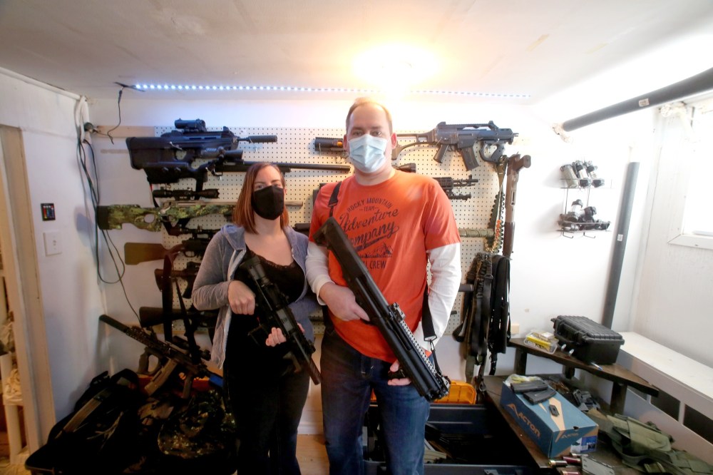 Tyler Clarke/The Brandon Sun
Tracy and Kevin Solomon are seen with a portion of their Airsoft collection at their Brandon home on Sunday.