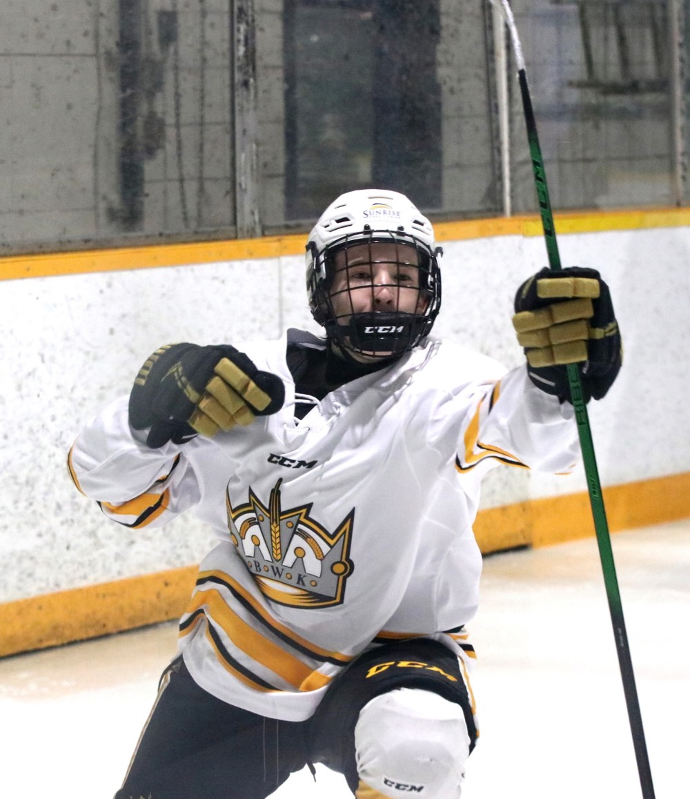 Perry Bergson/The Brandon Sun
Brandon Wheat Kings forward Clarke Caswell (11) celebrates one of his three goals against the Winnipeg Wild during a 4-3 overtime loss at the Sportsplex on Saturday in Manitoba U18 AAA Hockey League action on Nov. 13.