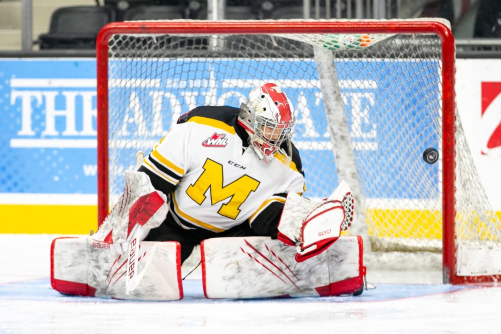 Photo courtesy WHL
Ethan McCallum makes a save for Team Manitoba at the WHL Cup tournament in Red Deer in October.