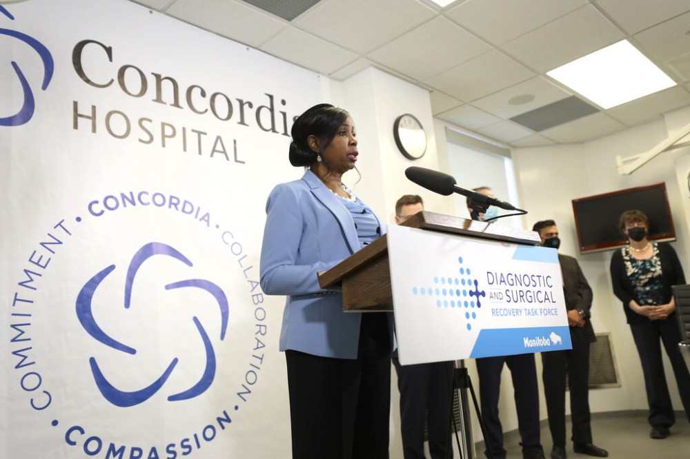 Health Minister Audrey Gordon speaking to the media on Wednesday. During the task force’s first full update in nearly two months, it became patently evident that immediate options for alleviating the backlog are few and far between. (Ruth Bonneville / Winnipeg Free Press)