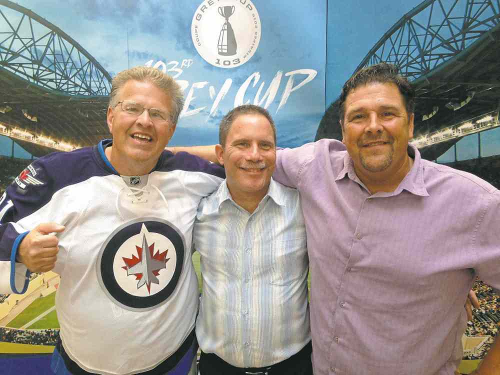 Gordon Sinclair Jr. / Winnipeg Free Press
Dancing Gabe Langlois (from left), his biographer Daniel Perron and the local legend's brother, Mike Langlois, Wednesday.