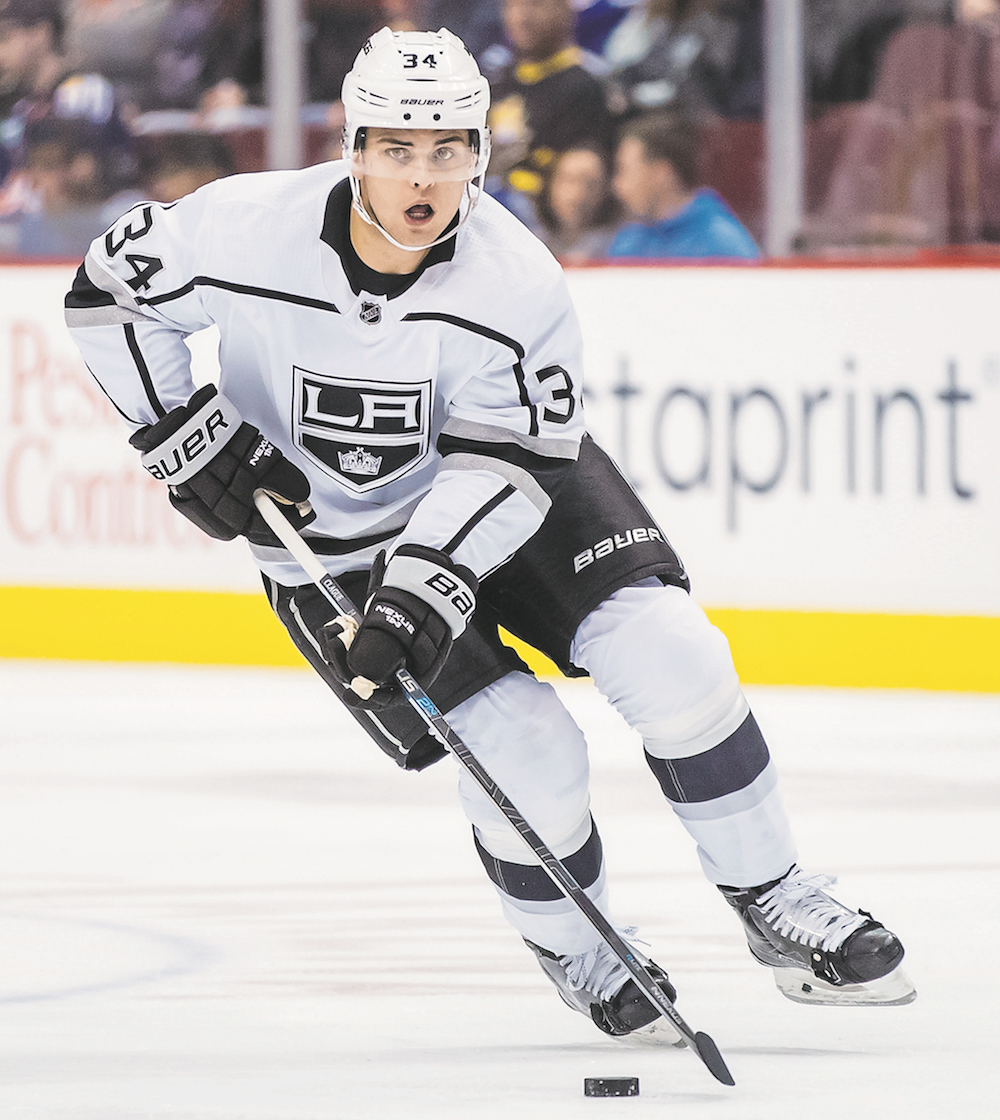 The Canadian Press
Kale Clague skates with the Los Angeles Kings during a pre-season National Hockey League game against the host Vancouver Canucks on Sept. 20, 2018. Clague made his regular season NHL debut last season.