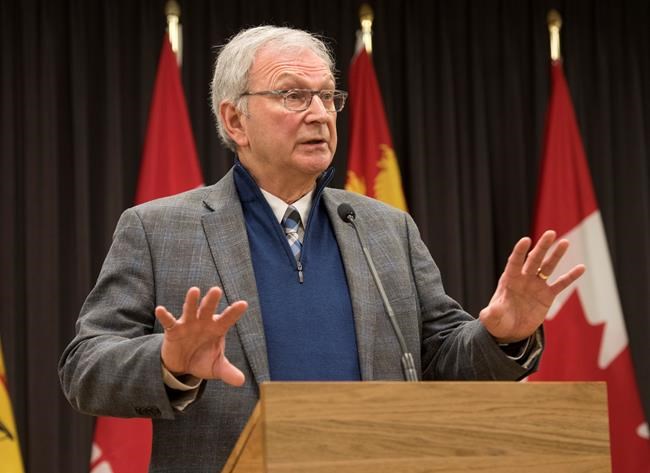 New Brunswick Premier Blaine Higgs speaks with the media in Fredericton, New Brunswick on Monday, February 17, 2020. A spokeswoman for Higgs says he will not attend the first ministers meeting today in Ottawa now that his province has reported its first presumptive case of COVID-19. THE CANADIAN PRESS/Stephen MacGillivray