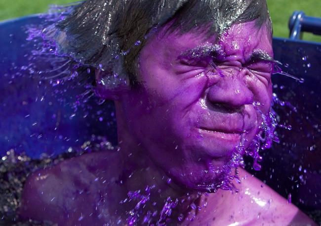 Jeromy Choi, a fifth year engineering student at the University of Ottawa, shakes off excess dye submerging himself in the purple dye, an engineering tradition during the start of Frosh week at the University of Ottawa in Ottawa on Sept 5, 2010. Health Canada says a dye often used to stain engineering students' skin purple has been linked to a possible cancer risk. THE CANADIAN PRESS/Pawel Dwulit