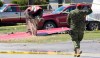 A member of the Canadian Forces walks past the tail section of a Snowbird jet in Kamloops, B.C., on May 18, 2020. A military investigation has found that the ejection seat of one of the military's iconic Snowbirds planes tangled with the pilot's parachute as he tried to escape from the aircraft before it crashed in the U.S. state of Georgia last year. The finding is contained in a report released by the Royal Canadian Air Force today and follows similar concerns about the Snowbirds' ejection seats after Capt. Jennifer Casey was killed during a different crash in British Columbia in May. THE CANADIAN PRESS/Jonathan Hayward