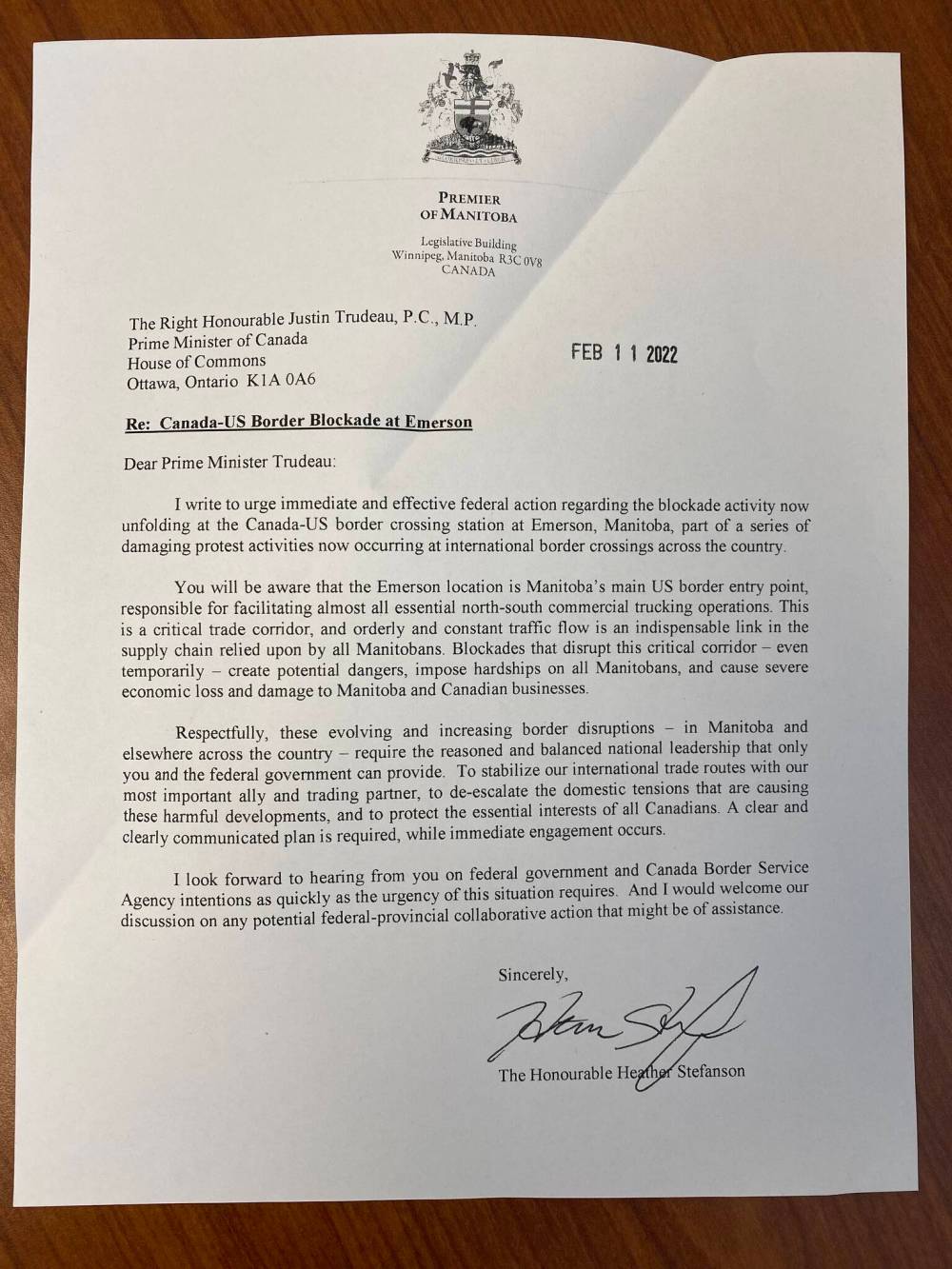 SUPPLIED
Premier Stefanson’s letter warned of “urgency” and “dangers,” a tone that was absent in her public comments about relying on police to resolve the situation peacefully.