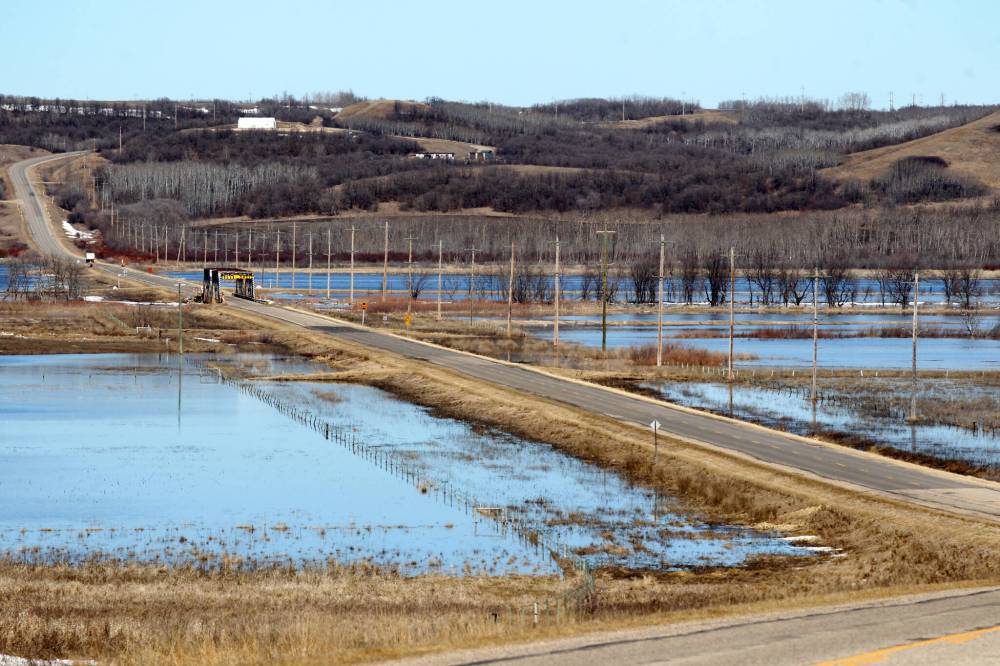 The swollen Assiniboine River floods farmland and pasture along Highway 250 north of Alexander in 2017. Funding from the Manitoba Habitat Heritage Corporation will support conservation projects that promote agricultural resiliency.