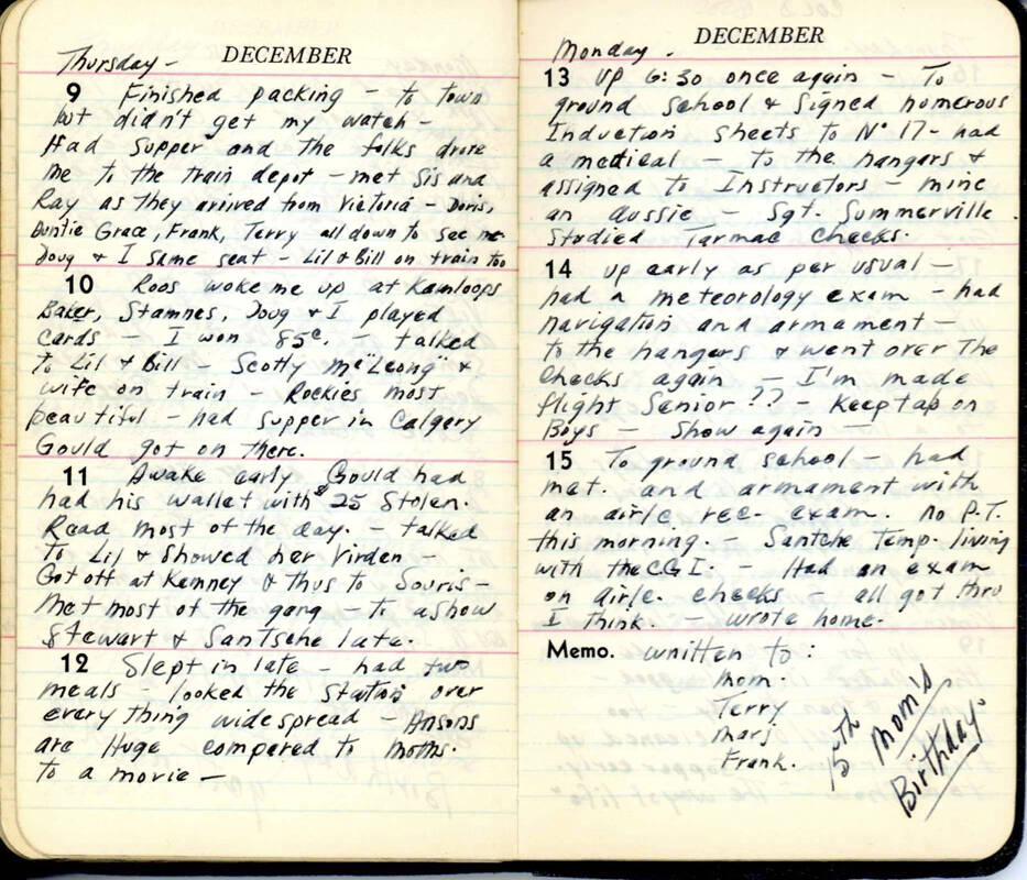 Submitted
On Dec. 11, 1943, Gordon wrote in his diary that he got off a train at Kemnay and headed to Souris to start training at the Service Flying Training School there.