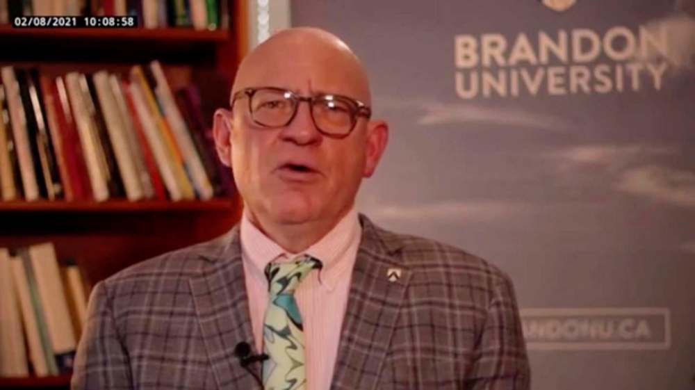 Brandon University president David Docherty talks about the Manitoba government’s new Skills, Talent and Knowledge Strategy during Monday’s online news conference. This strategy will serve as a guideline to help get the province’s economy back on track following the destructive impact of the COVID-19 pandemic. (Screenshot)