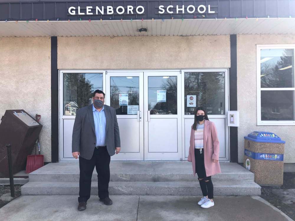 Principal Ryan Diehl and Grade 10 student Sophia Anderson pose for a photo outside of Glenboro School on Monday. The pair are heavily involved with the school’s new partnership with Sara’s Pantry, with Anderson having created an Instagram account that highlights the local program’s various food delivery services to the public. (Submitted)