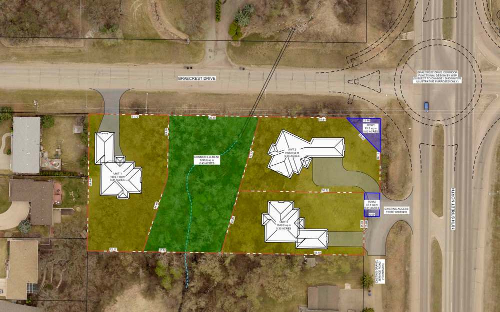 This updated map included in the agenda for Tuesday's Brandon City Council meeting shows what the development at the corner of 18th Street North and Braecrest Drive would look like with the number of units reduced from five to three. (Screenshot)