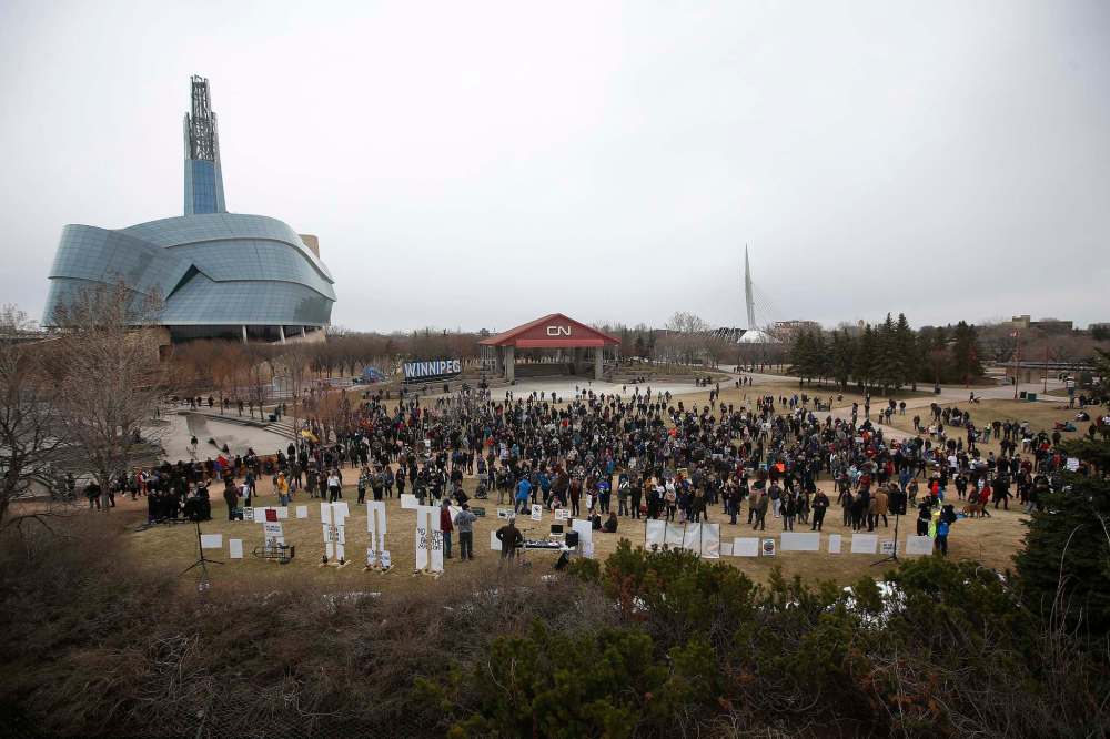 A group of anti-maskers gathered at The Forks for a rally in Winnipeg on Apr. 25.