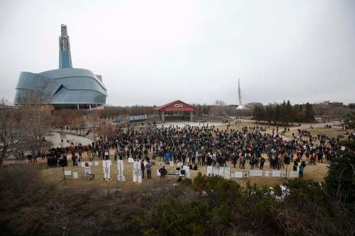 A group of anti-maskers gathered at The Forks for a rally in Winnipeg on Apr. 25.