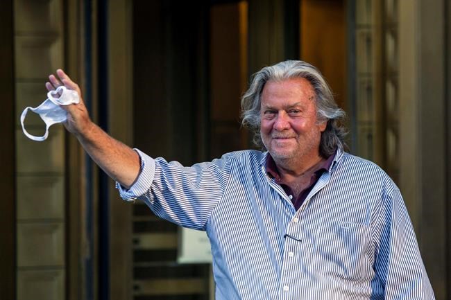 President Donald Trump's former chief strategist Steve Bannon exits the court after pleading not guilty to charges that he ripped off donors to an online fundraising scheme to build a southern border wall, Thursday, Aug. 20, 2020, in New York. . (AP Photo/Eduardo Munoz Alvarez)