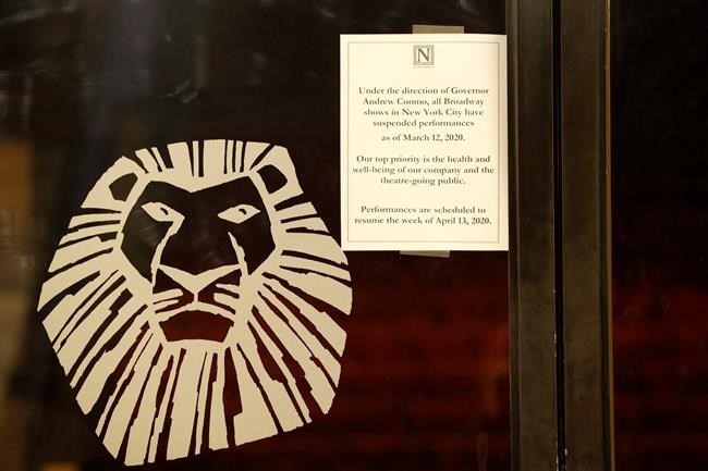 A sign announcing the suspension of all Broadway shows is posted on a door at the Minskoff Theatre, where