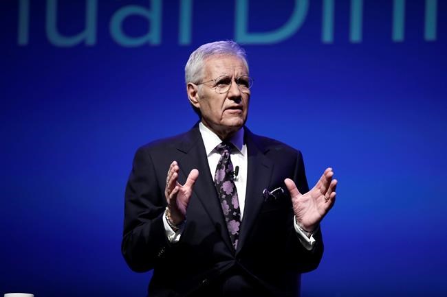 FILE - In this Oct. 1, 2018, file photo, moderator Alex Trebek speaks in Hershey, Pa.
