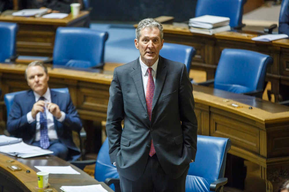 Premier Brian Pallister addresses the speaker during question period as a limited number of MLAs were in the legislative chamber Wednesday. (Winnipeg Free Press)