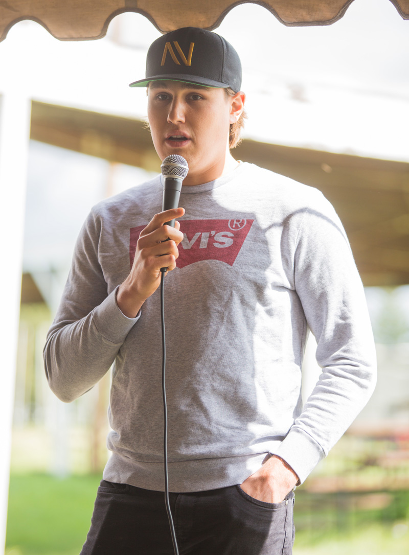 Las Vegas Golden Knights defenceman Zach Whitecloud addresses attendees at the Dakota Tiwahe Services and Jordan's Principal hosted Sioux Valley Culture Camp on Aug. 27.  (Chelsea Kemp/The Brandon Sun)