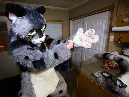Justin Zinger, a.k.a. Toasty the Avocado Snep snow leopard, puts on his fur suit on Nov. 14.