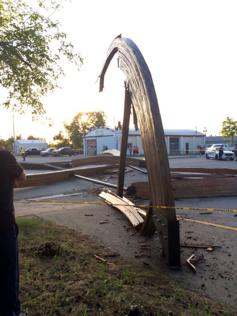 Photo courtesy of Bailey Reichmuth
One of the Russell arches lays strewn about the street in the community Wednesday night.