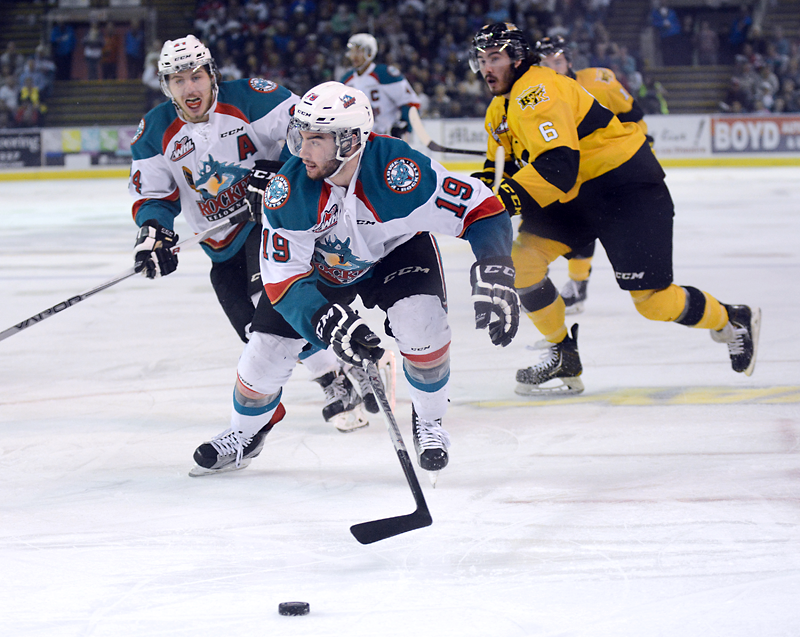 Gary Nylander/The Daily Courier
Kelowna Rocket Dillon Dube (middle) looks to make a pass as Rocket Tyson Baillie (left) and Brandon Wheat King Ryan Pilon look on.