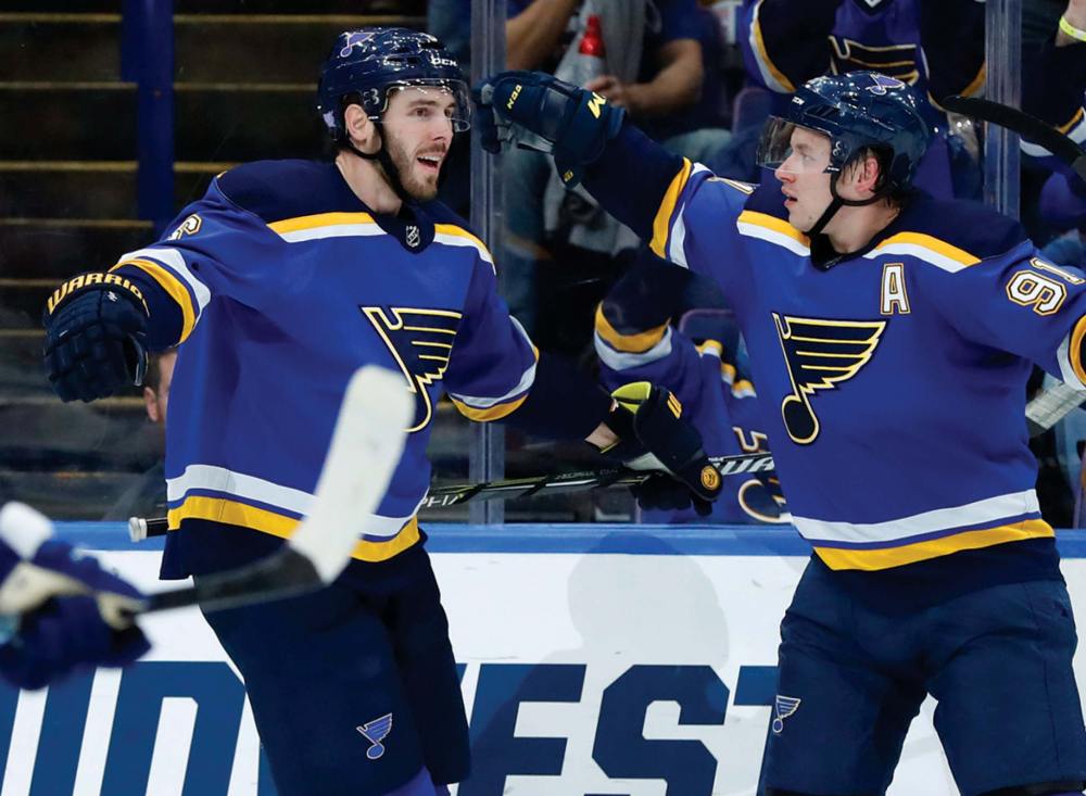 Associated Press
St. Louis Blues' Joel Edmundson, left, is congratulated by St. Louis Blues' Vladimir Tarasenko, of Russia, after scoring during the second period of an NHL hockey game against the Toronto Maple Leafs in 2017, in St. Louis.