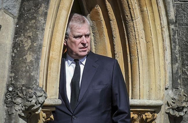 Britain's Prince Andrew appears at the Royal Chapel at Windsor, following the death announcement of his father Prince Philip on April 11, 2021 in England. (The Associated Press file)