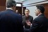 Actor Amber Heard talks to her attorneys during a break, in the courtroom at the Fairfax County Circuit Court in Fairfax, Va., Monday May 2, 2022. Actor Johnny Depp sued his ex-wife Amber Heard for libel in Fairfax County Circuit Court after she wrote an op-ed piece in The Washington Post in 2018 referring to herself as a 