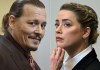 This combination of two separate photos shows divorced actors Johnny Depp, left, and Amber Heard in the courtroom at the Fairfax County Circuit Court in Fairfax, Va., Tuesday May 3, 2022. Depp sued Heard for libel in Fairfax County Circuit Court after she wrote an op-ed piece in The Washington Post in 2018 referring to herself as a 
