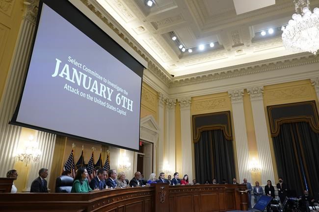 From left to right, Rep. Stephanie Murphy, D-Fla., Rep. Pete Aguilar, D-Calif., Rep. Adam Schiff, D-Calif., Rep. Zoe Lofgren, D-Calif., Chairman Bennie Thompson, D-Miss., Vice Chair Liz Cheney, R-Wyo., Rep. Adam Kinzinger, R-Ill., Rep. Jamie Raskin, D-Md., and Rep. Elaine Luria, D-Va., are seated as the House select committee investigating the Jan. 6 attack on the U.S. Capitol holds its first public hearing to reveal the findings of a year-long investigation, at the Capitol in Washington, Thursday, June 9, 2022. (AP Photo/Andrew Harnik)