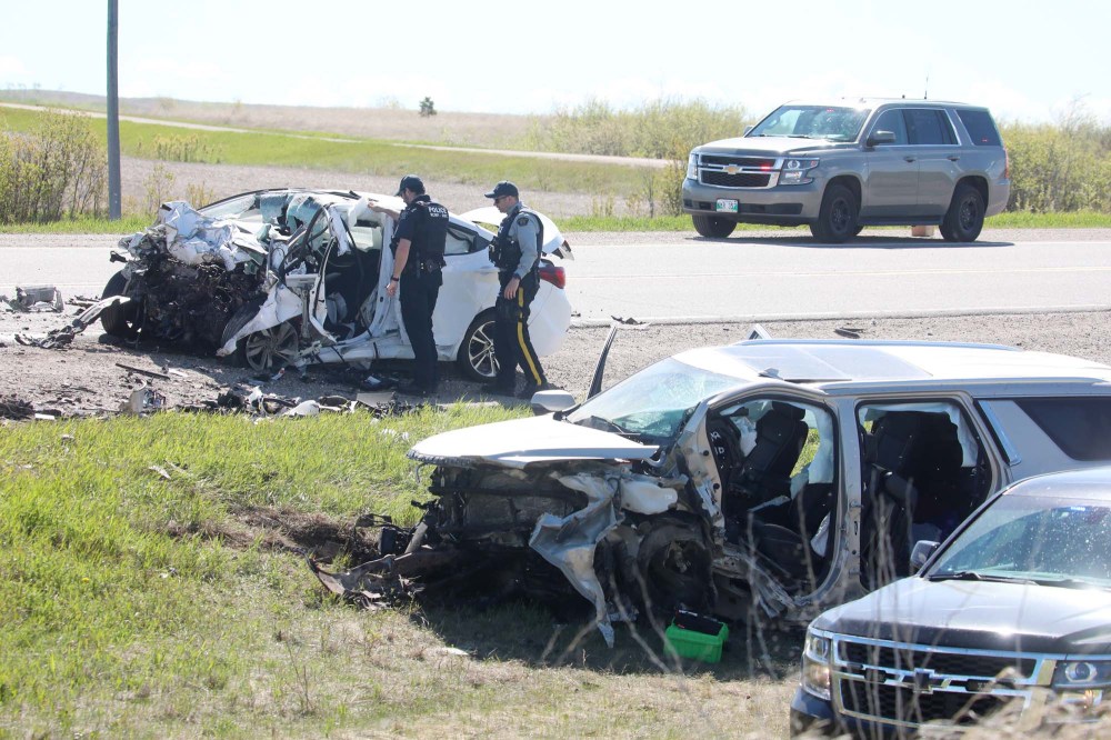 RCMP officers work at the scene of a serious two-vehicle-collision on Highway 10 south of Erickson, Manitoba on Monday morning. STARS Air Ambulance responded to the scene of the collision and transported a male in critical condition to Winnipeg.
(The Brandon Sun)