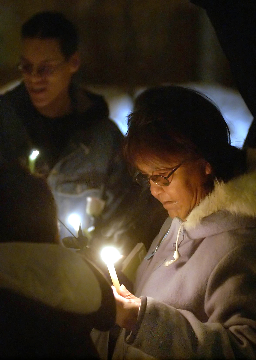 Bruce Bumstead/Brandon Sun
Carrie Brandon, eldest sister of Diana Rattlesnake, reflects on her sister’s life during a candlelight vigil held outside Rattlesnake’s residence. More than 20 friends and family members attended the vigil.