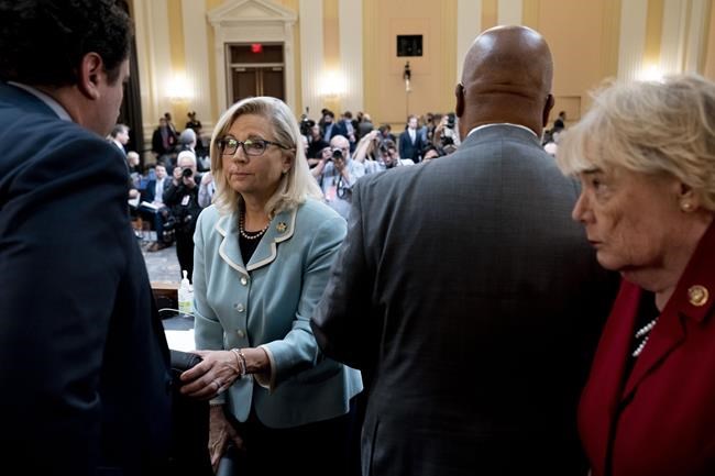 Chairman Bennie Thompson, D-Miss., second from right, Vice Chair Liz Cheney, R-Wyo., second from left, and Rep. Zoe Lofgren, D-Calif., right, stand during a short break as the House select committee investigating the Jan. 6 attack on the U.S. Capitol continues to reveal its findings of a year-long investigation, on Capitol Hill, Monday, June 13, 2022, in Washington. (AP Photo/Andrew Harnik, Pool)