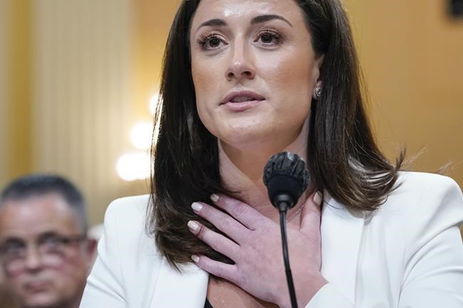Cassidy Hutchinson, former aide to Trump White House chief of staff Mark Meadows, testifies about how former President Donald Trump reacted in his vehicle after being told he was not able to go to the Capitol from the Ellipse on Jan. 6, as the House select committee investigating the Jan. 6 attack on the U.S. Capitol continues to reveal its findings of a year-long investigation, at the Capitol in Washington, Tuesday, June 28, 2022. (AP Photo/Jacquelyn Martin)