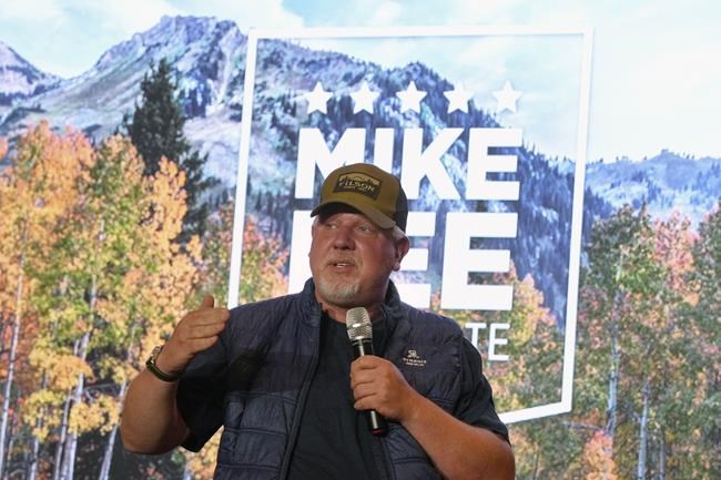 Radio talk show host Glenn Beck introduces U.S. Sen. Mike Lee, of Utah, before Lee walks on stage during a Utah Republican election night party, Tuesday, June 28, 2022, in South Jordan, Utah. (AP Photo/George Frey)