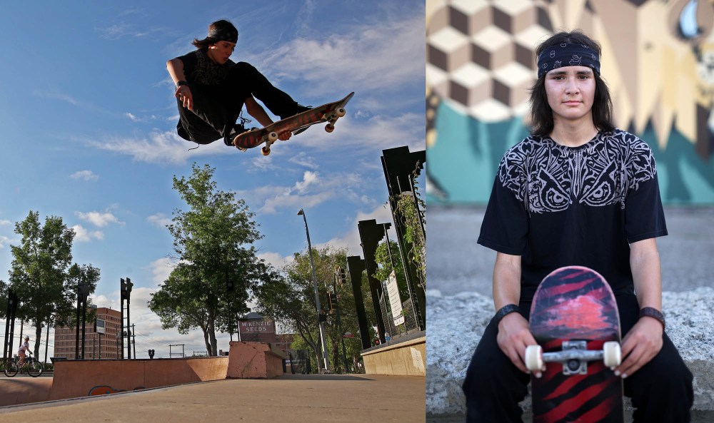 Brandon skateboarder David Ledoux, a member of Gambler First Nation, skateboards at the Kristopher Campbell Memorial Skatepark in Brandon on Monday evening. Today is National Indigenous Peoples Day 2022 as well as Go Skateboarding Day. Indigenous People’s Day celebrations take place in Brandon today at the Riverbank Discovery Centre. Ledoux has been skateboarding for three years. (Tim Smith/The Brandon Sun)