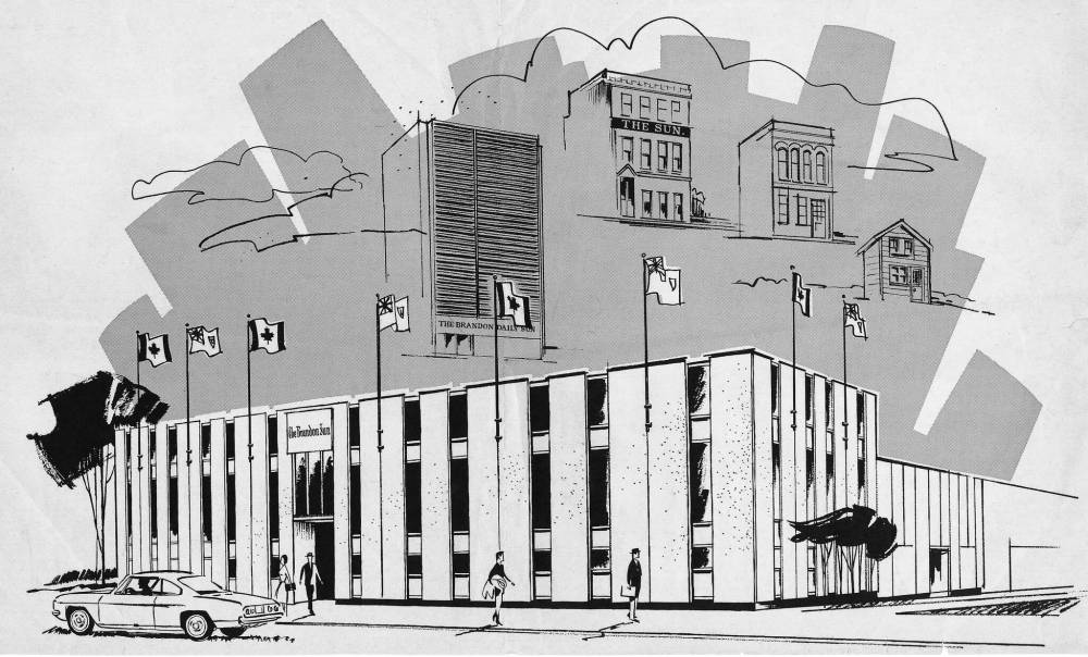 File
This illustration from the Sun’s files shows off the Rosser Avenue location in the foreground and the paper’s previous homes throughout the years in the background.