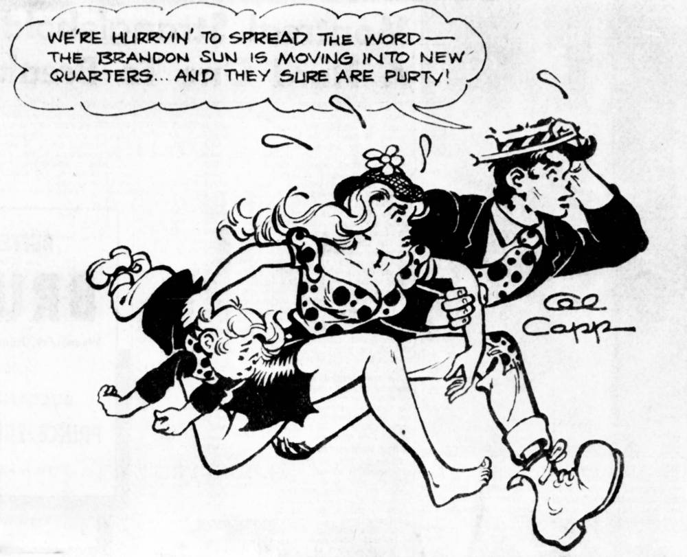 File
On Nov. 4, 1964, the Brandon Sun ran this cartoon featuring some of the main cast from the long-running comic strip “Li’l Abner” as drawn by creator Al Capp. The cartoon appeared on the front page to advertise the Sun’s impending move from 10th Street to Rosser Avenue.