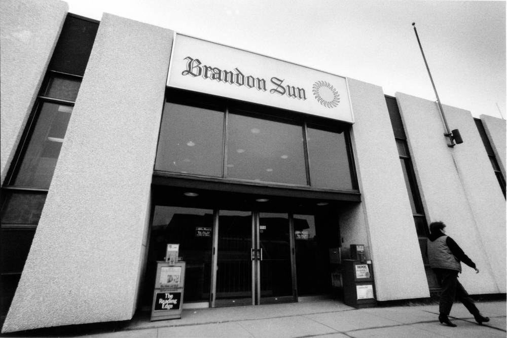 File
The Brandon Sun building, decorated with a previous Sun logo, located at 501 Rosser Ave., is shown here in this undated photo.
