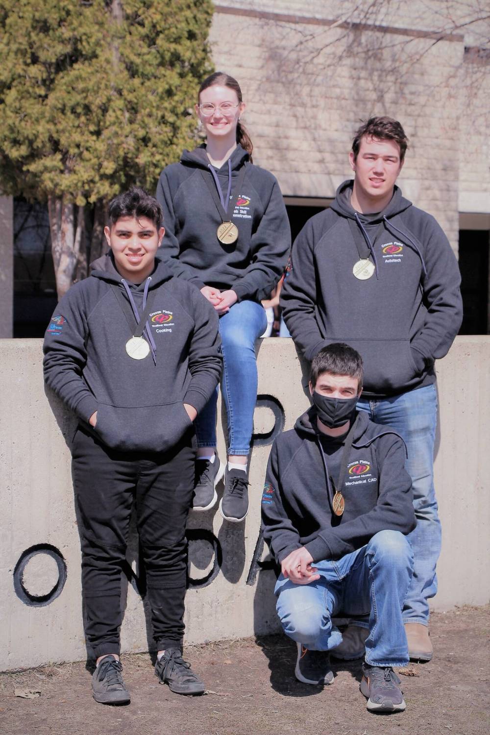 Submitted
Students Andres Rincon, Faith Kasprick, Wade Robbins and James Blyth pose for a group photo outside Crocus Plains Regional Secondary School on Thursday. The four pupils all won a gold medal at last month’s Skills Manitoba competition, which means they will be moving onto a national technology and trades contest later this month.