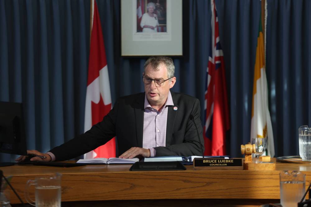 With Mayor Rick Chrest on vacation, deputy mayor Coun. Bruce Luebke (South Centre) chaired Monday night’s Brandon City Council meeting. (Colin Slark/The Brandon Sun)
