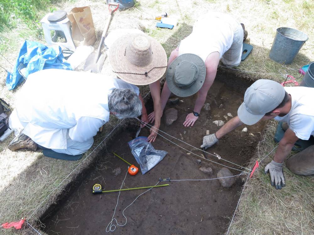 Manitoba Archaeological Society
(Left to right) Mary Malainey (projector director, Brandon University), Sara Halwas (University of Manitoba), Alicia Gooden (president, MAS), and Joel Firman (Brandon University student) excavate potsherds found near a hearth at the Pierson Wildlife Management Archaeological Project.
