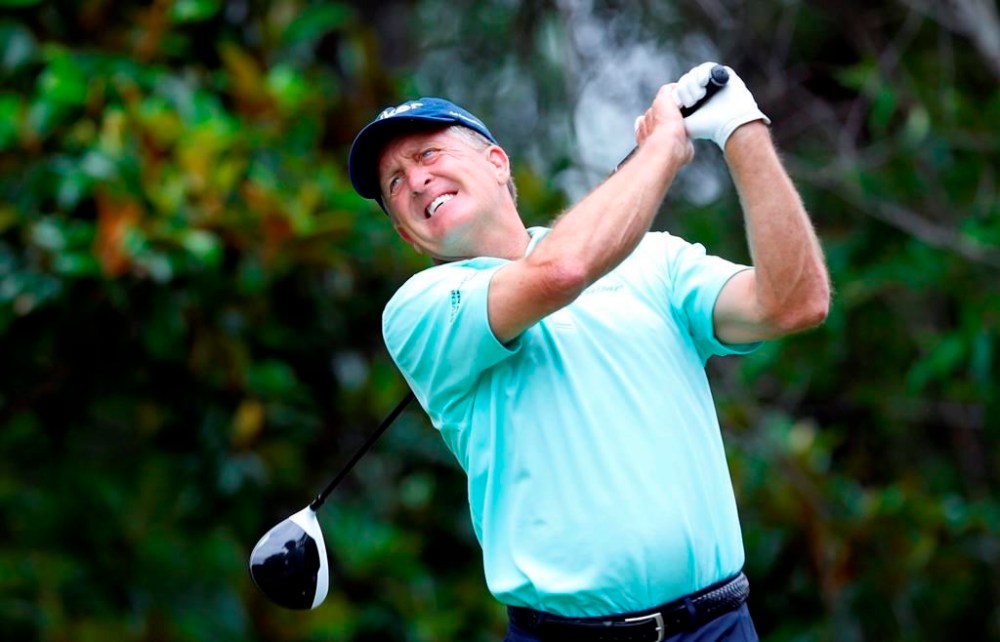 Fred Funk watches his tee shot on the second hole during the Regions Tradition PGA Tour Champions golf tournament, Sunday, May 21, 2017, in Birmingham, Ala. (Photo/Butch Dill)