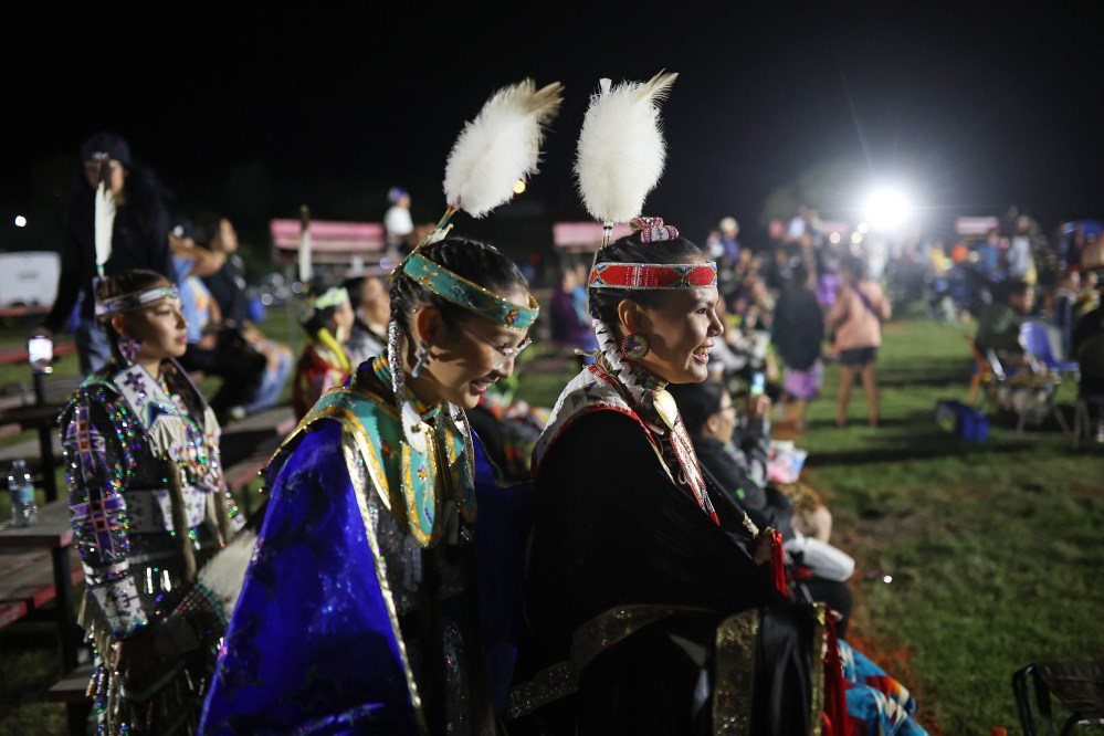 Dancers wait to compete at the Sioux Valley Dakota Nation Pow Wow on Friday night. (Tim Smith/The Brandon Sun)