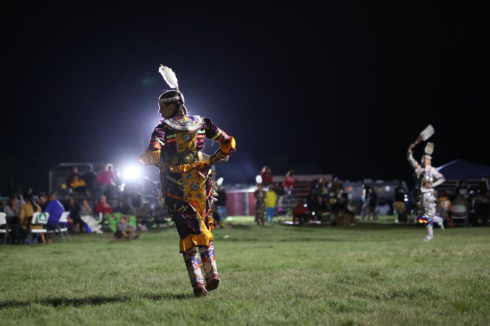 Dancers compete under lights at the Sioux Valley Dakota Nation Pow Wow on Friday night. (Tim Smith/The Brandon Sun)
