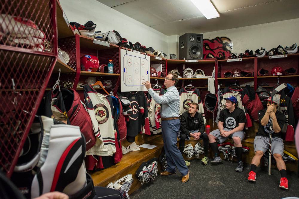 Marty Murray is shown in the Minot Minotauros dressing room during the 2014-15 season in his eight-year run with the North American Hockey League team as head coach and general manager. (Courtesy of Colin Thompson)