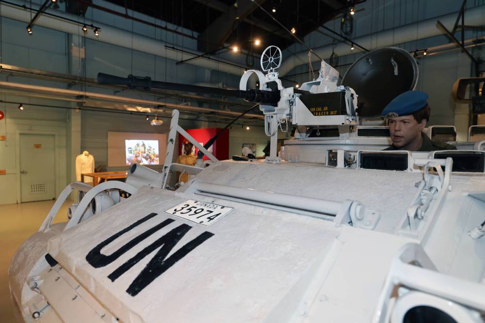 This Track Lynx armoured vehicle in the collection of the Royal Canadian Artillery Museum at CFB Shilo has been decorated to look like vehicles of the same make would have looked while being used in United Nations peacekeeping missions. The .50-calibre machine gun on top is real, according to museum director Andrew Oakden. (Colin Slark/The Brandon Sun)